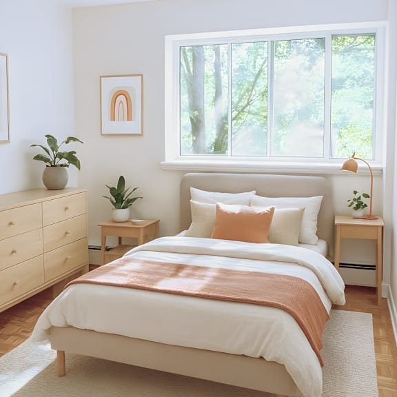 a bedroom with a large bed, a dresser, and a window with a view of trees.