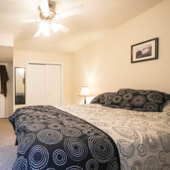 a bedroom with a bed, a ceiling fan, and a lamp.