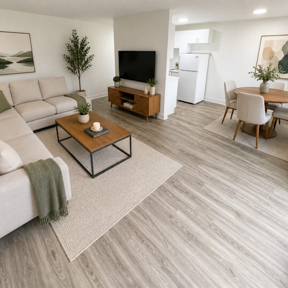 a living room with a grey sofa, a coffee table, and a television.