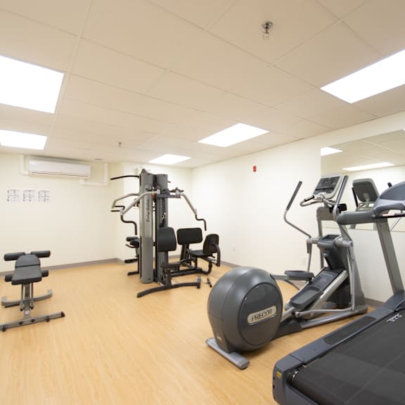 a gym with a treadmill, exercise bike, and other equipment.