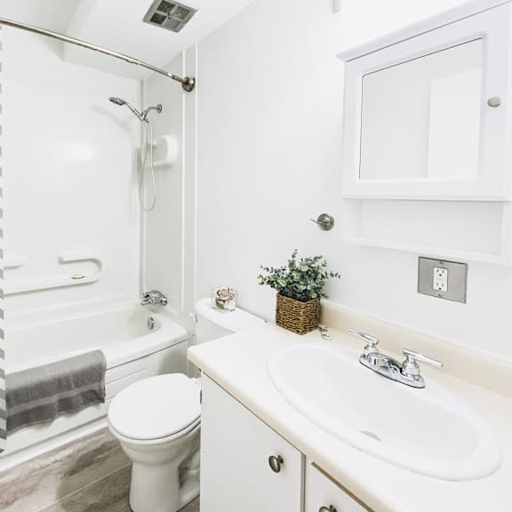 a white bathroom with a toilet, sink, and shower.