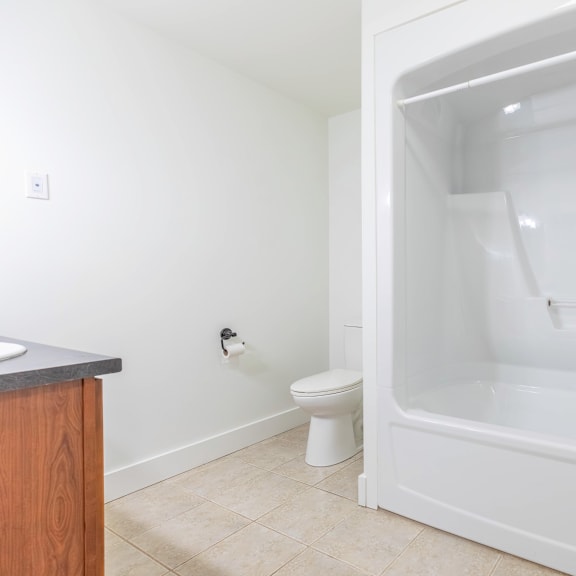 a white bathroom with a toilet and a bathtub.