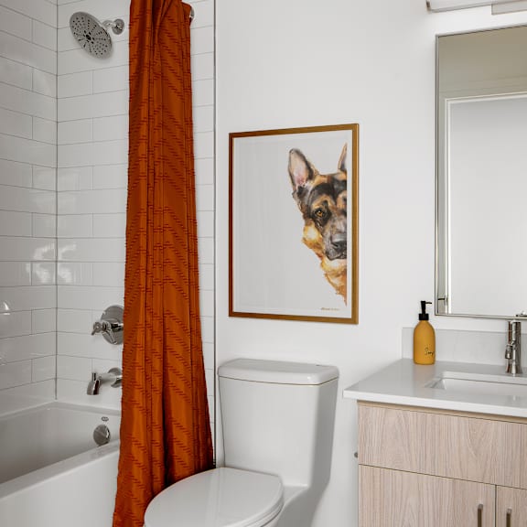 a bathroom with a toilet, a sink, a mirror, and a framed picture of a dog on the wall.