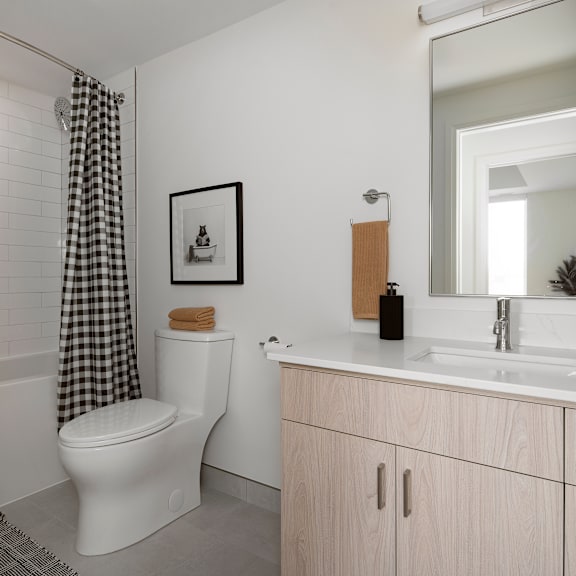 a bathroom with a toilet, sink, and a mirror.