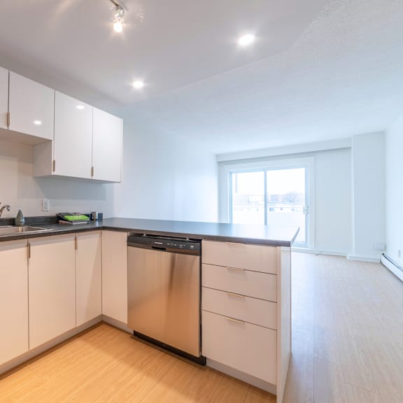 a kitchen with white cabinets and a black dishwasher.