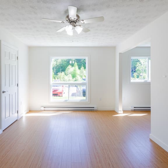 a room with a ceiling fan and a window with a view of trees and a red car outside.