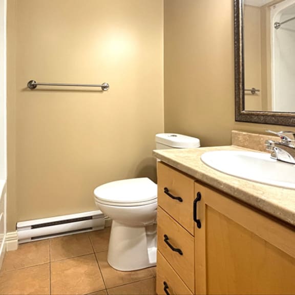 a bathroom with a toilet, sink, and a mirror.