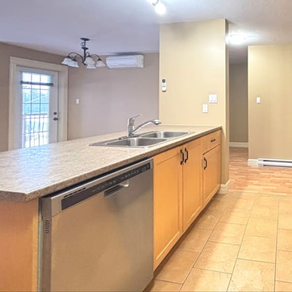a kitchen with a stainless steel dishwasher and black refrigerator.