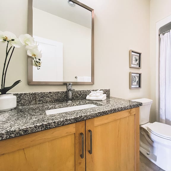 a bathroom with a sink, mirror, toilet, and a vase of flowers.