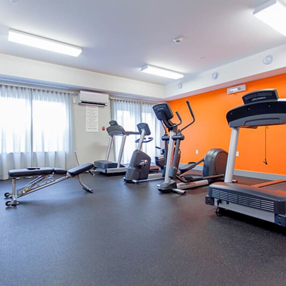 a gym with a variety of equipment including a treadmill, exercise bike, and rowing machine.
