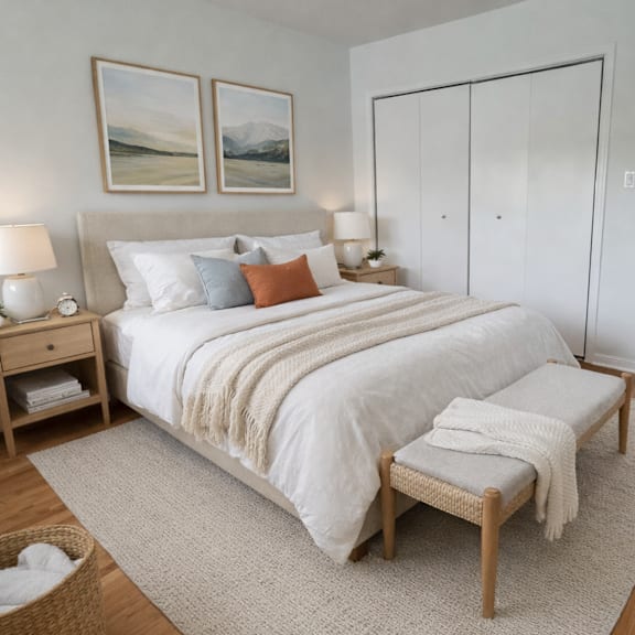 a bedroom with a large bed, a bench, and two pictures on the wall.