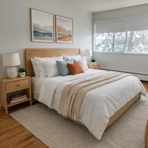 a bedroom with a large bed, a nightstand, and two pictures on the wall.