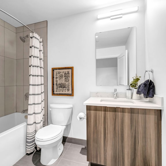 a bathroom with a white toilet, a wooden cabinet, and a shower curtain.