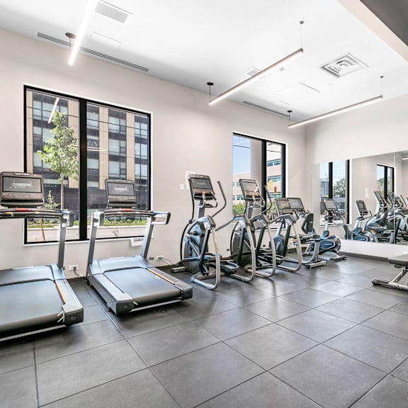 a spacious gym with treadmills, elliptical machines, and other exercise equipment.