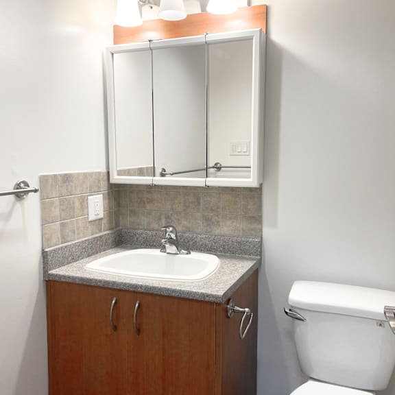 a bathroom with a sink, toilet and medicine cabinet.