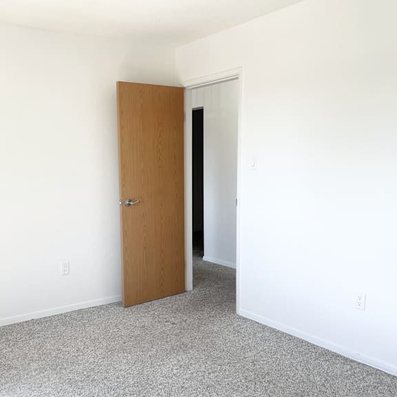 a room with a brown door and carpeted floor.