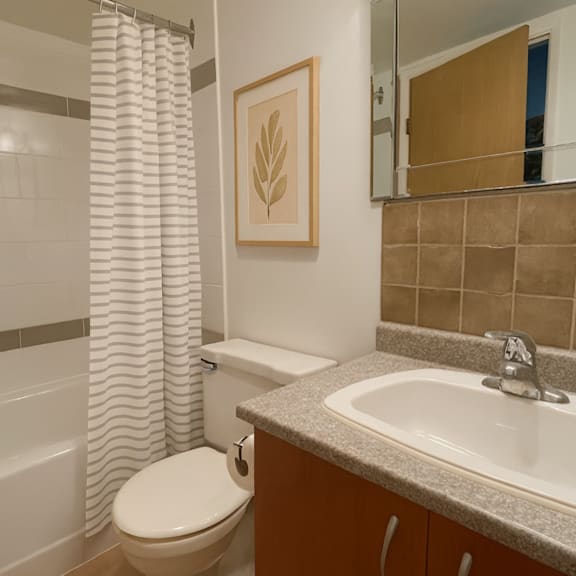 a bathroom with a toilet, sink, and shower curtain.