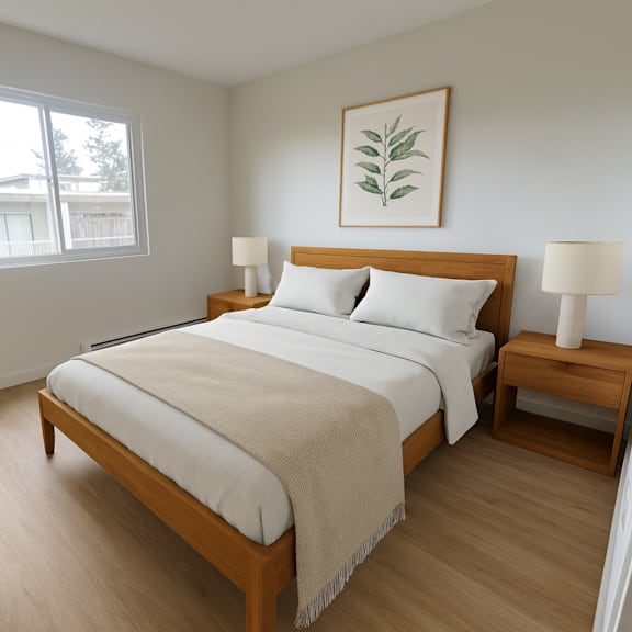 a bedroom with a large bed and a painting on the wall.