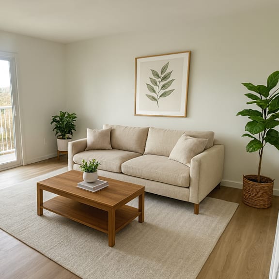 a living room with a couch, coffee table, and potted plant.