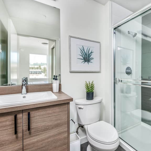 a modern bathroom with a toilet, sink, and glass shower.