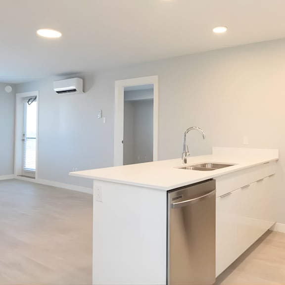 a modern kitchen with white cabinets and a stainless steel dishwasher.