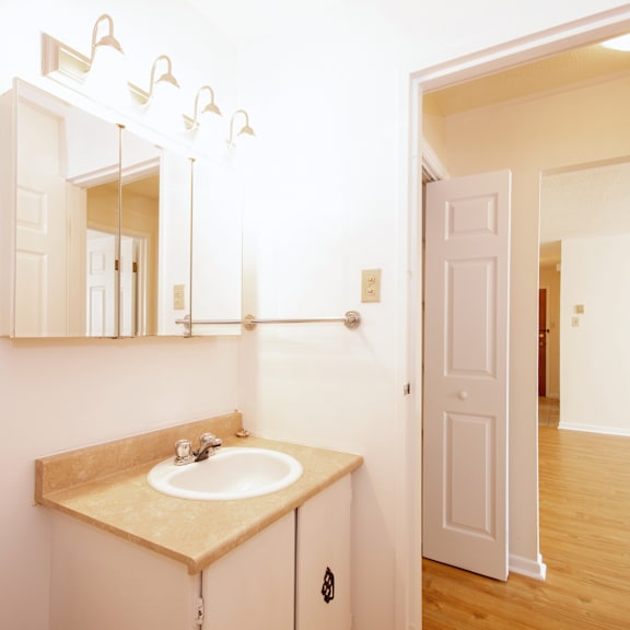 a bathroom with a sink, mirror, and toilet.