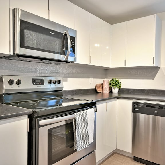 a modern kitchen with a stainless steel dishwasher and oven.