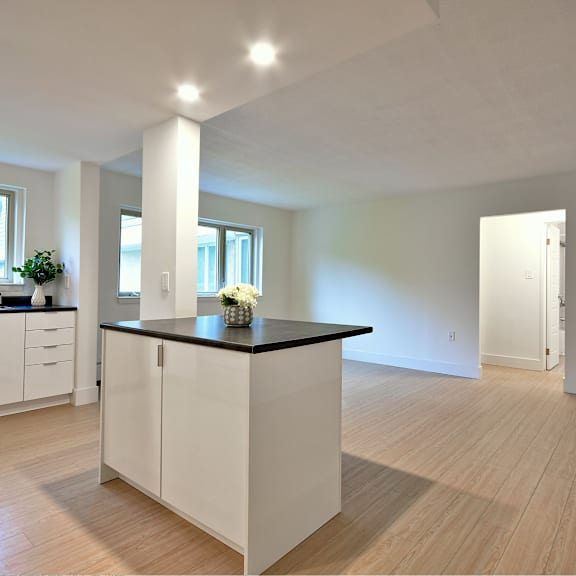 a kitchen with white cabinets and a black countertop.