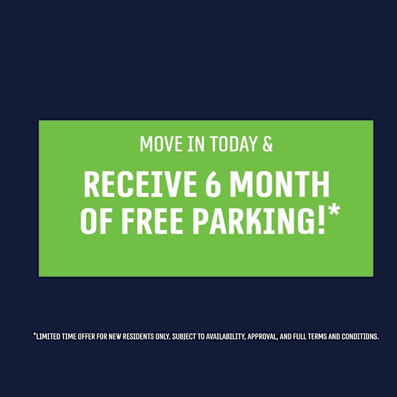 a promotional image offering 6 months of free parking for new residents.