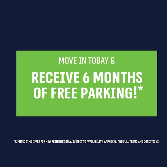 a promotional image offering 6 months of free parking for new residents.