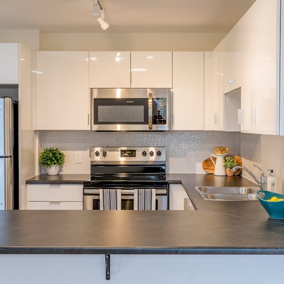 a modern kitchen with a stainless steel sink and black countertop.