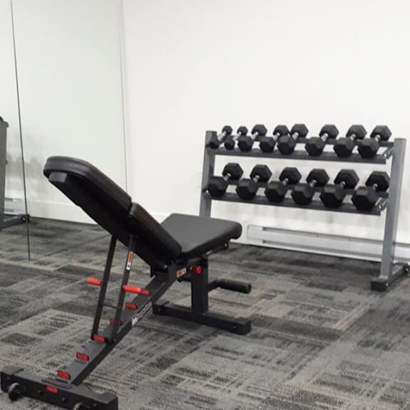 a black bench is in front of a rack of dumbbells.