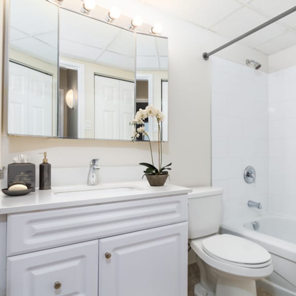 a white bathroom with a toilet, sink, and mirror.