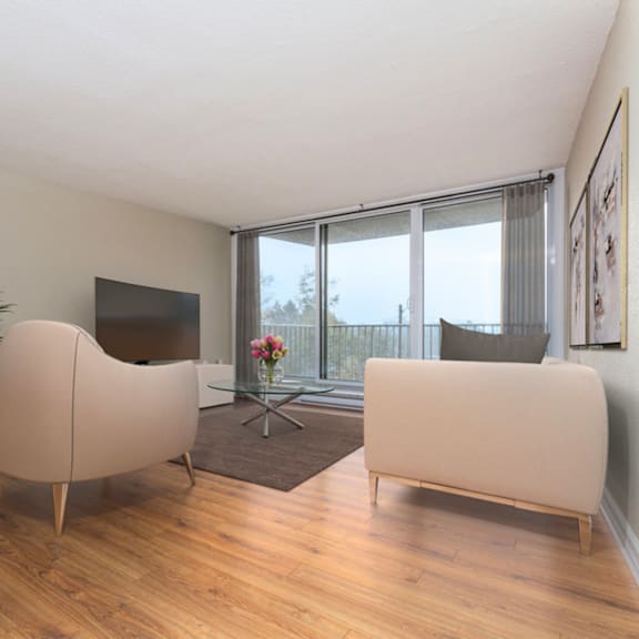 a living room with a television, two couches, and a plant.