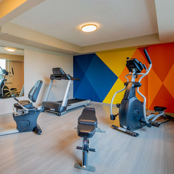 a gym with a row of exercise bikes and elliptical machines.