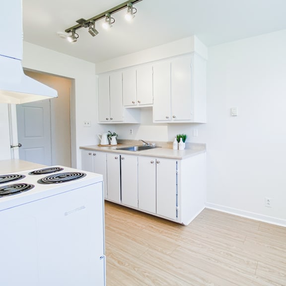 a white kitchen with a stove and cabinets.