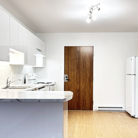 a kitchen with a sink, refrigerator, and cabinets.