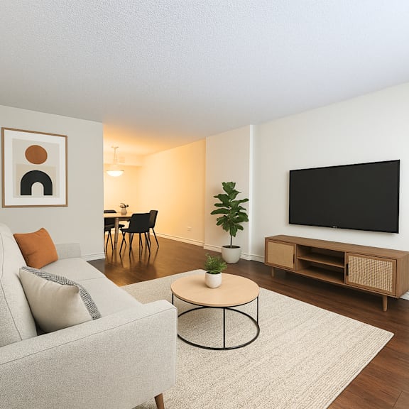 a living room with a grey couch, a coffee table, a tv, and a plant.