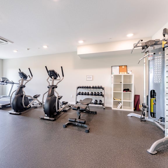 a spacious gym with a variety of equipment including treadmills, stationary bikes, and weight machines.
