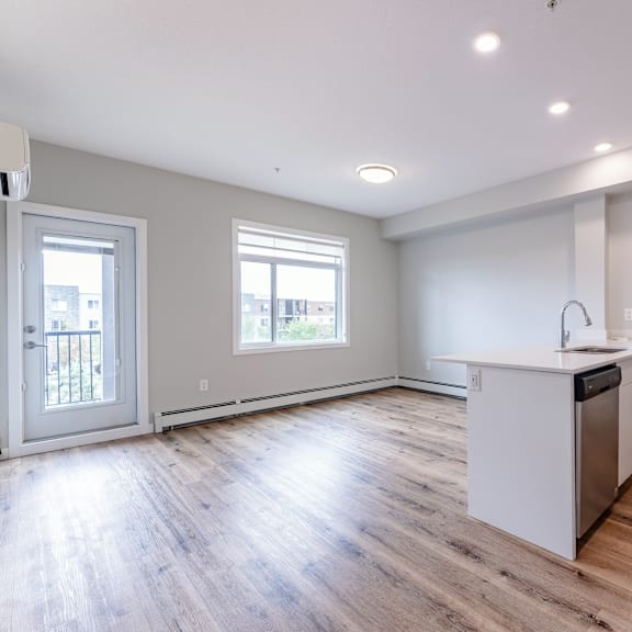 a kitchen with a white counter and a dishwasher.