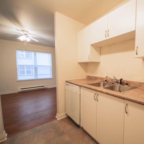 a kitchen with white cabinets and a window.