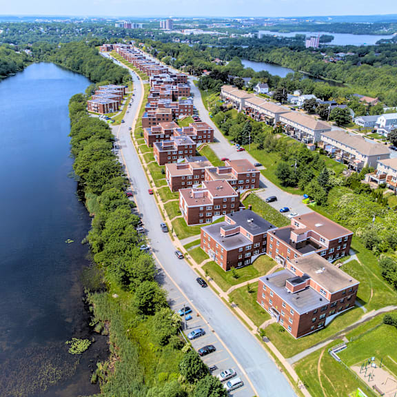 lakefront apartments aerial view