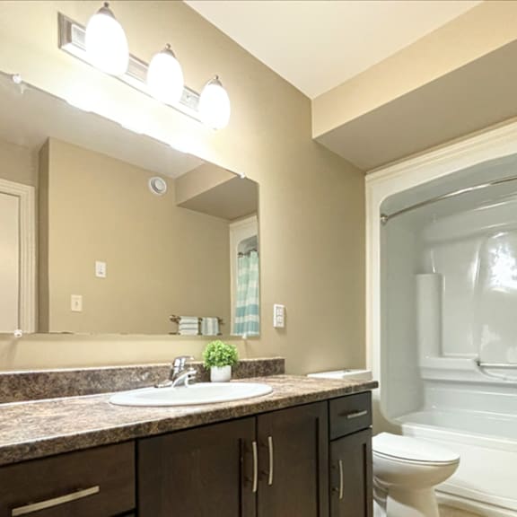 a bathroom with a sink, toilet, and bathtub.