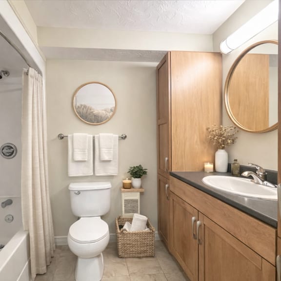 a bathroom with a toilet, sink, and mirror.