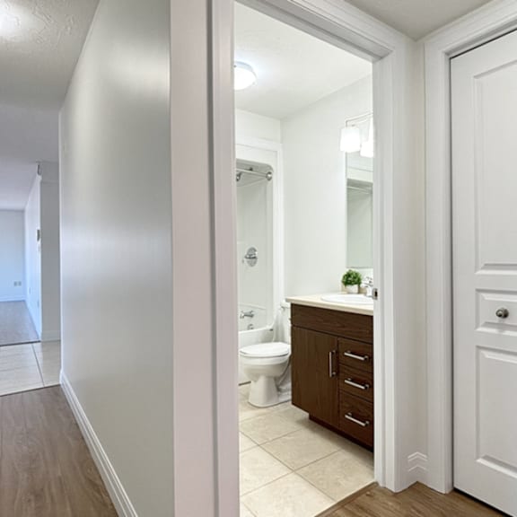 a bathroom with a toilet, sink, and mirror.