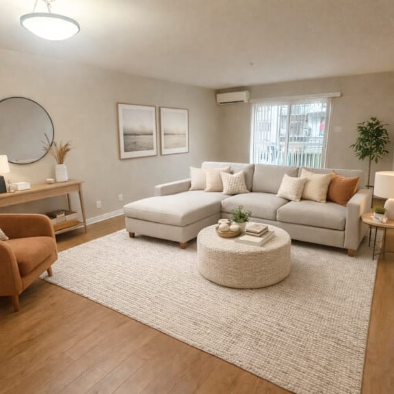 a living room with a brown armchair, a white sofa, and a round ottoman.