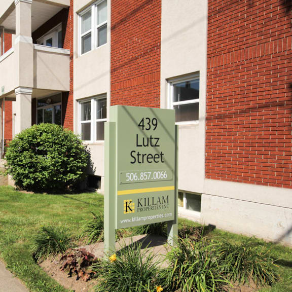 a green street sign for 439 lutz street stands in front of a brick building.