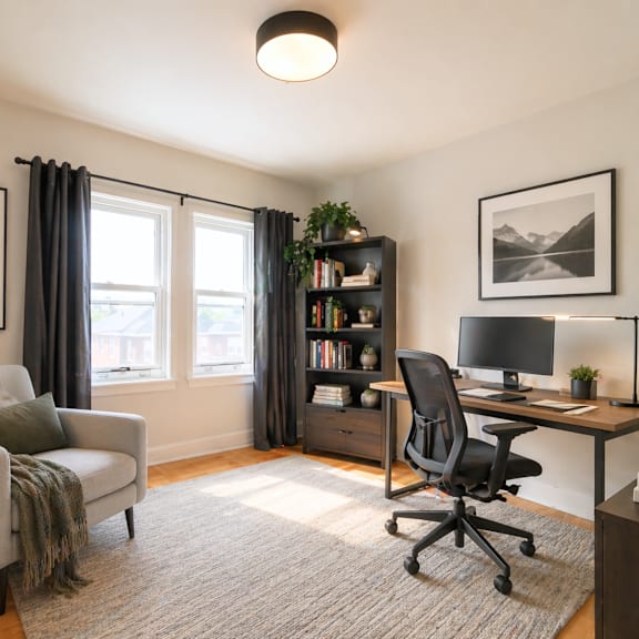 a cozy room with a grey couch, a black chair, a desk with a computer, and a bookshelf with books and plants.