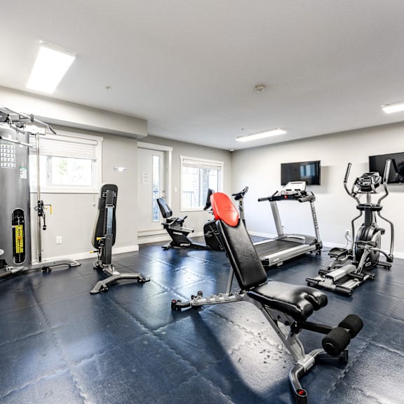 a well-equipped gym with various exercise machines and weights.