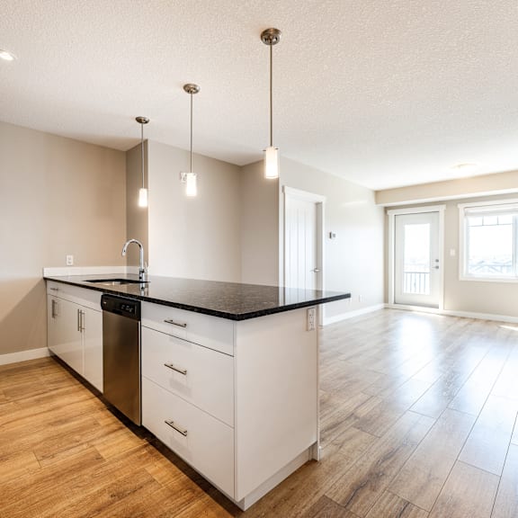 a kitchen with white cabinets and a black countertop.